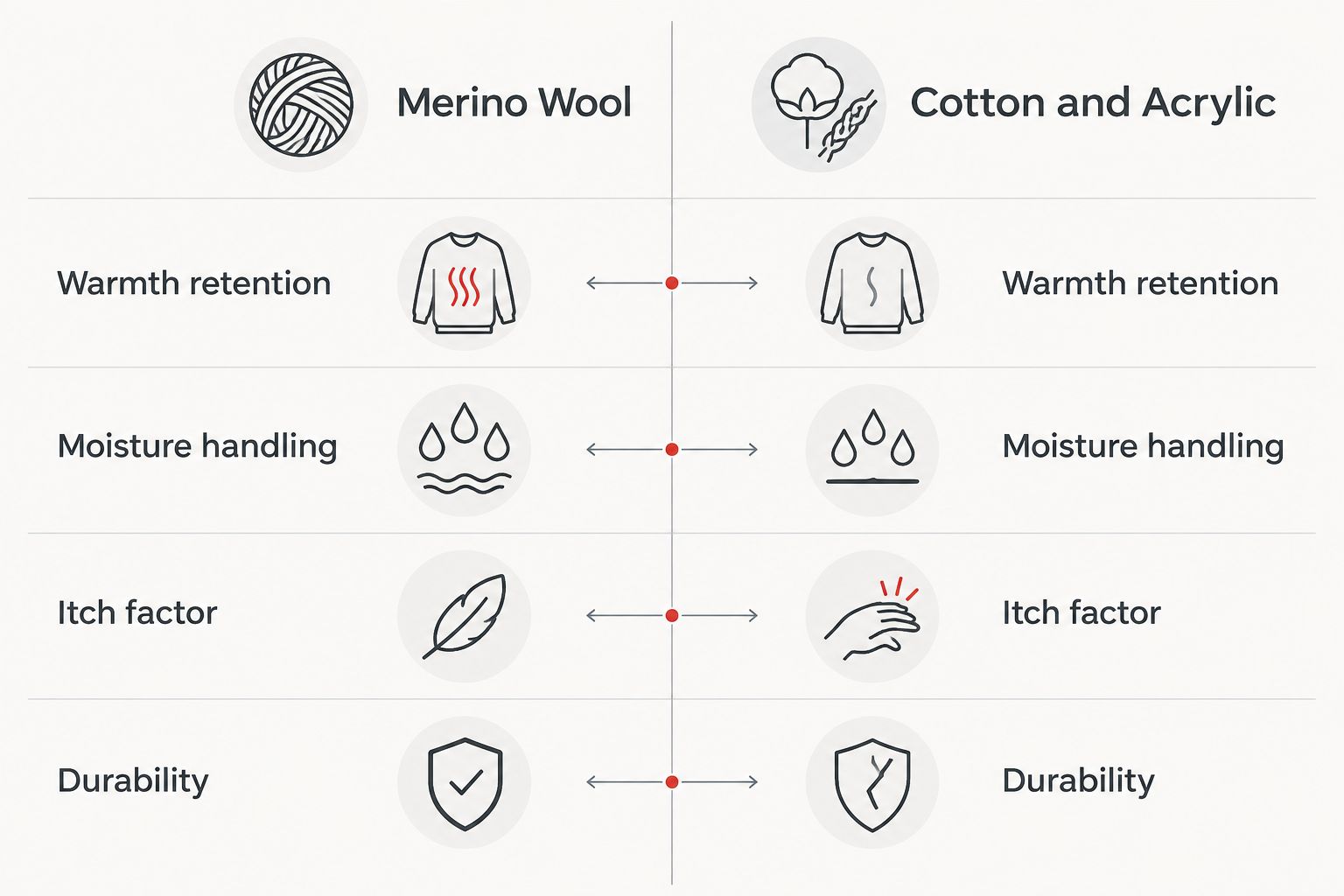 Two column comparison of merino wool against cotton and acrylic socks