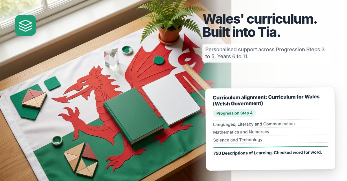 Tia Curriculum for Wales progress report on a Welsh study desk with an integrated red dragon motif