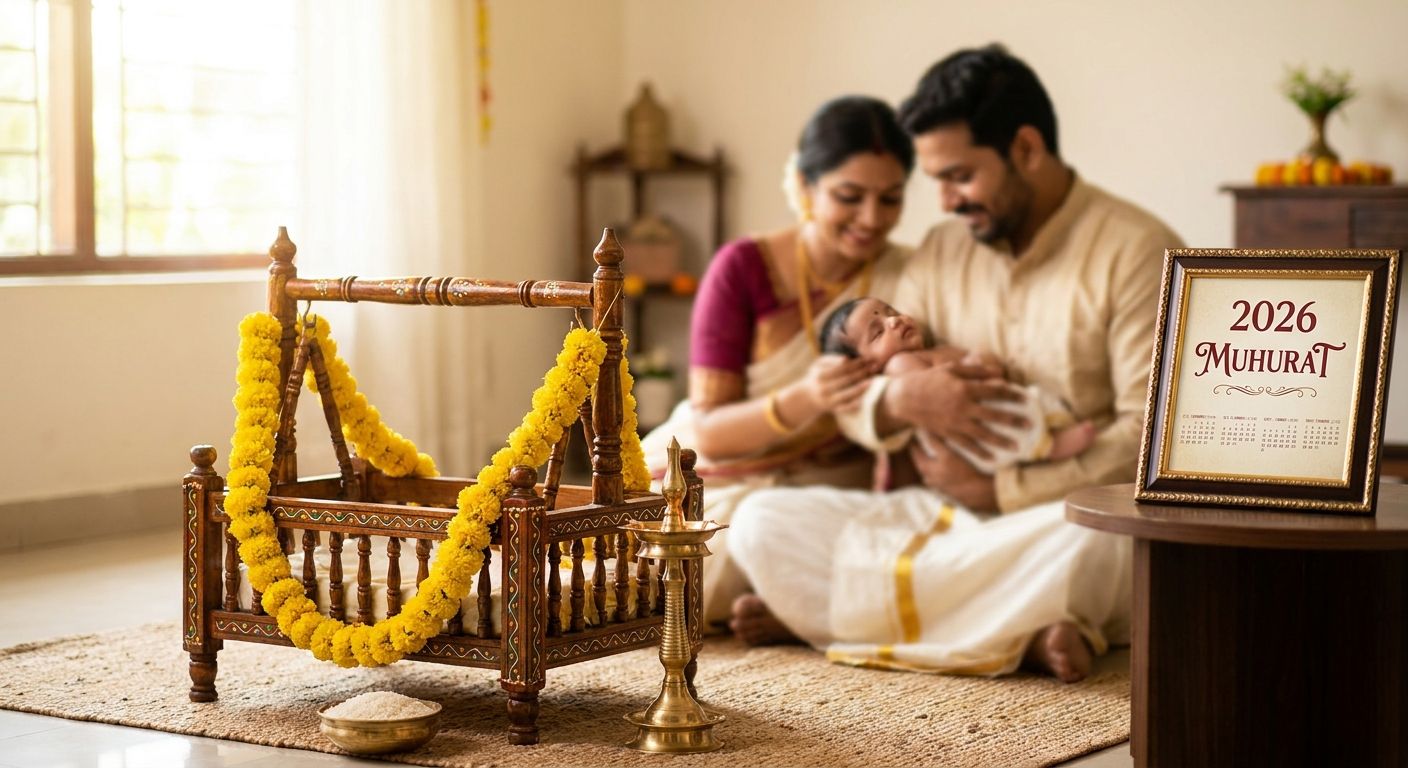 Parents holding a newborn beside a decorated cradle and 2026 calendar