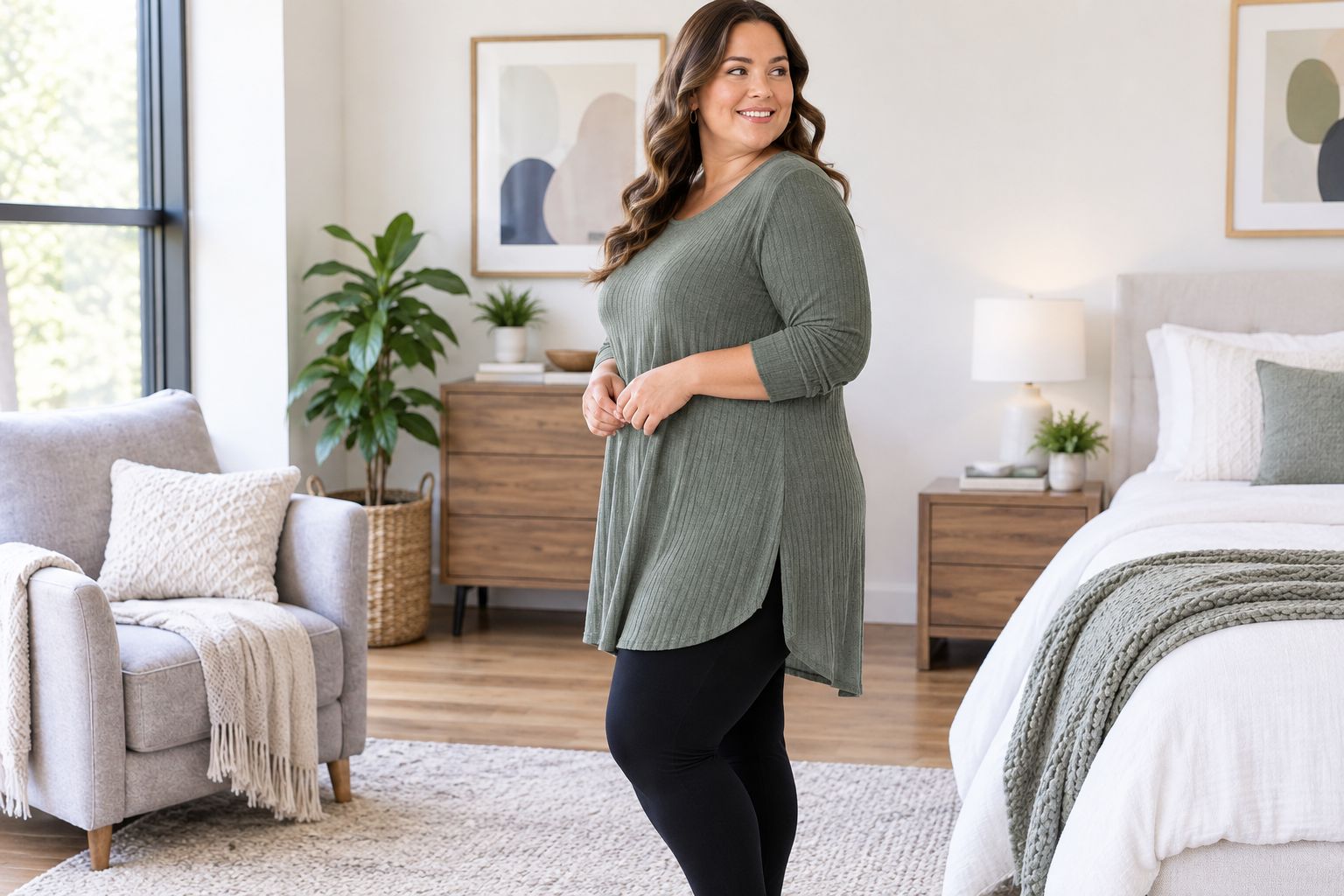 Plus size tunic top worn over leggings showing mid-thigh hem length
