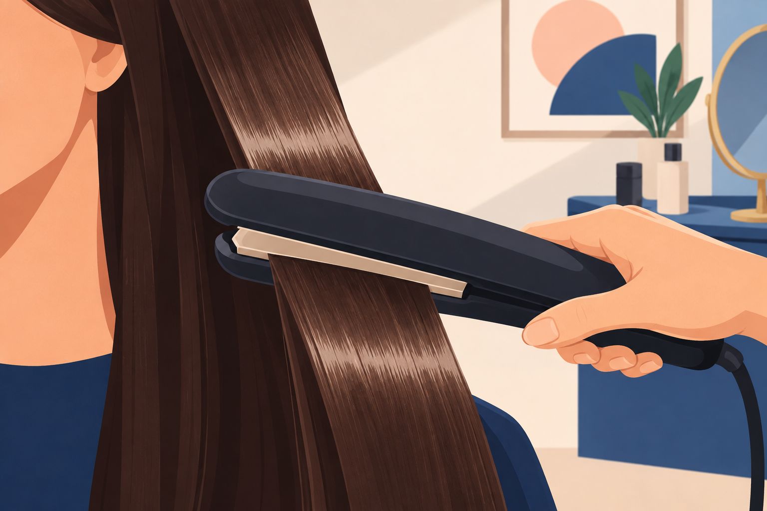 Haarsträhne wird durch ein professionelles Glätteisen mit breiten Platten gezogen