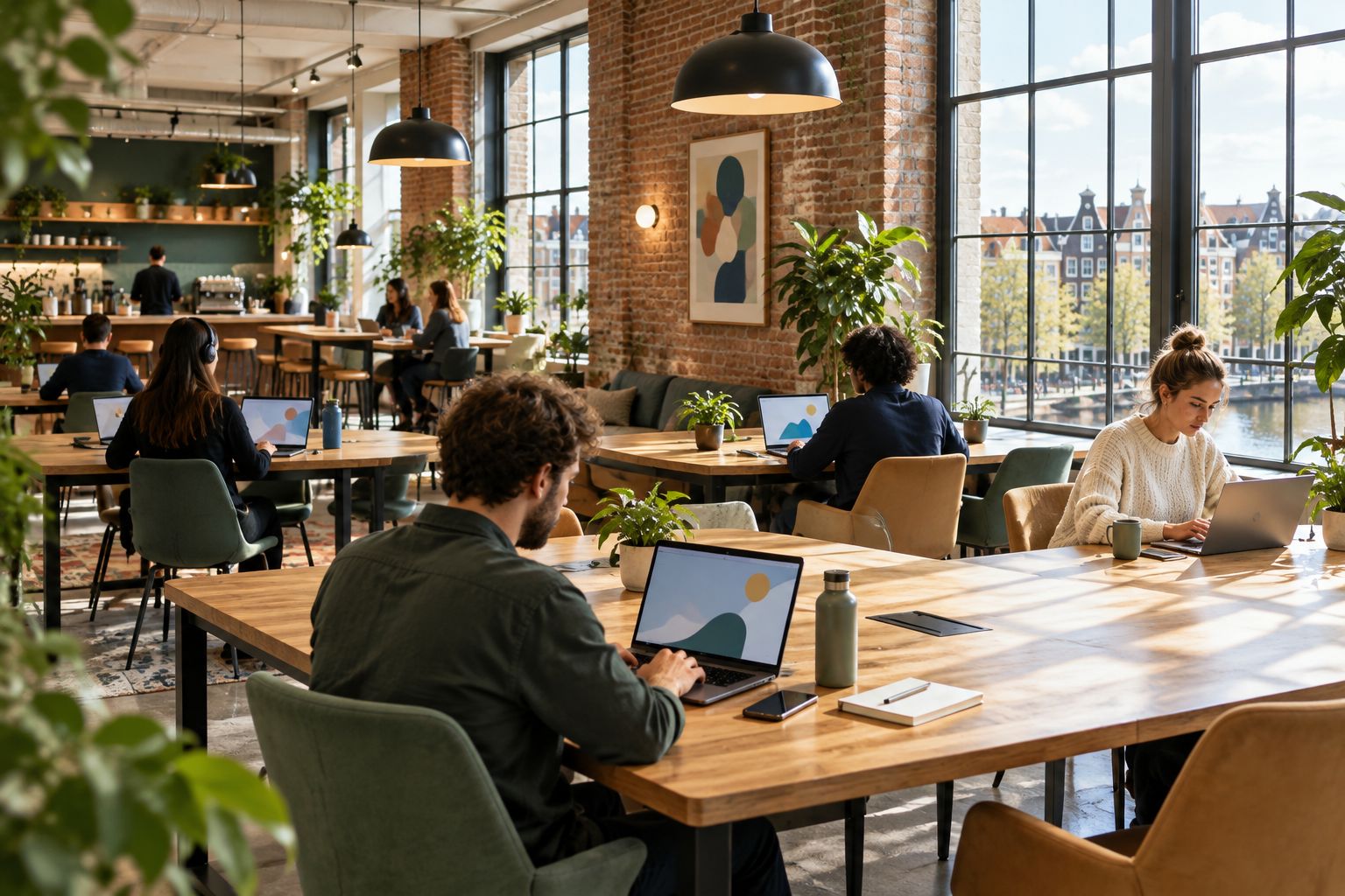 Open-plan coworking campus with shared desks and a café corner