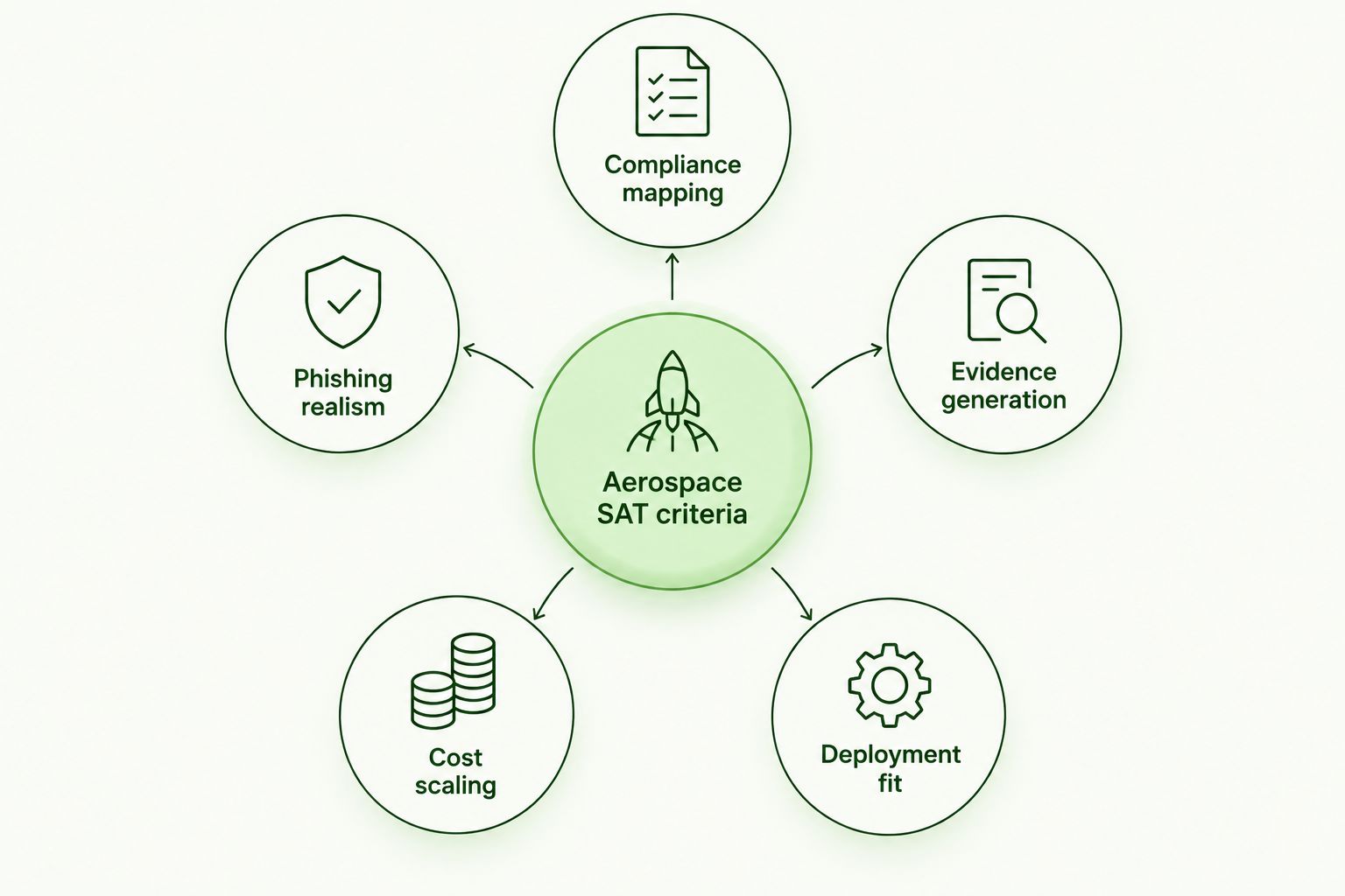 Five criteria nodes orbiting a hub for choosing aerospace manufacturer security awareness training