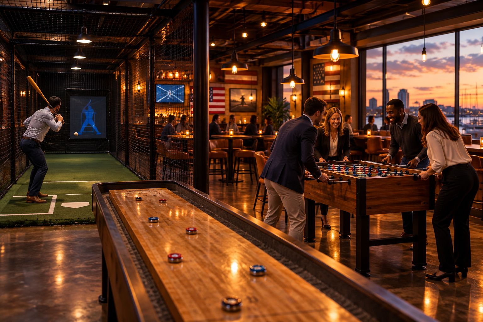 Indoor activity bar with batting cage and shuffleboard used by a small work group
