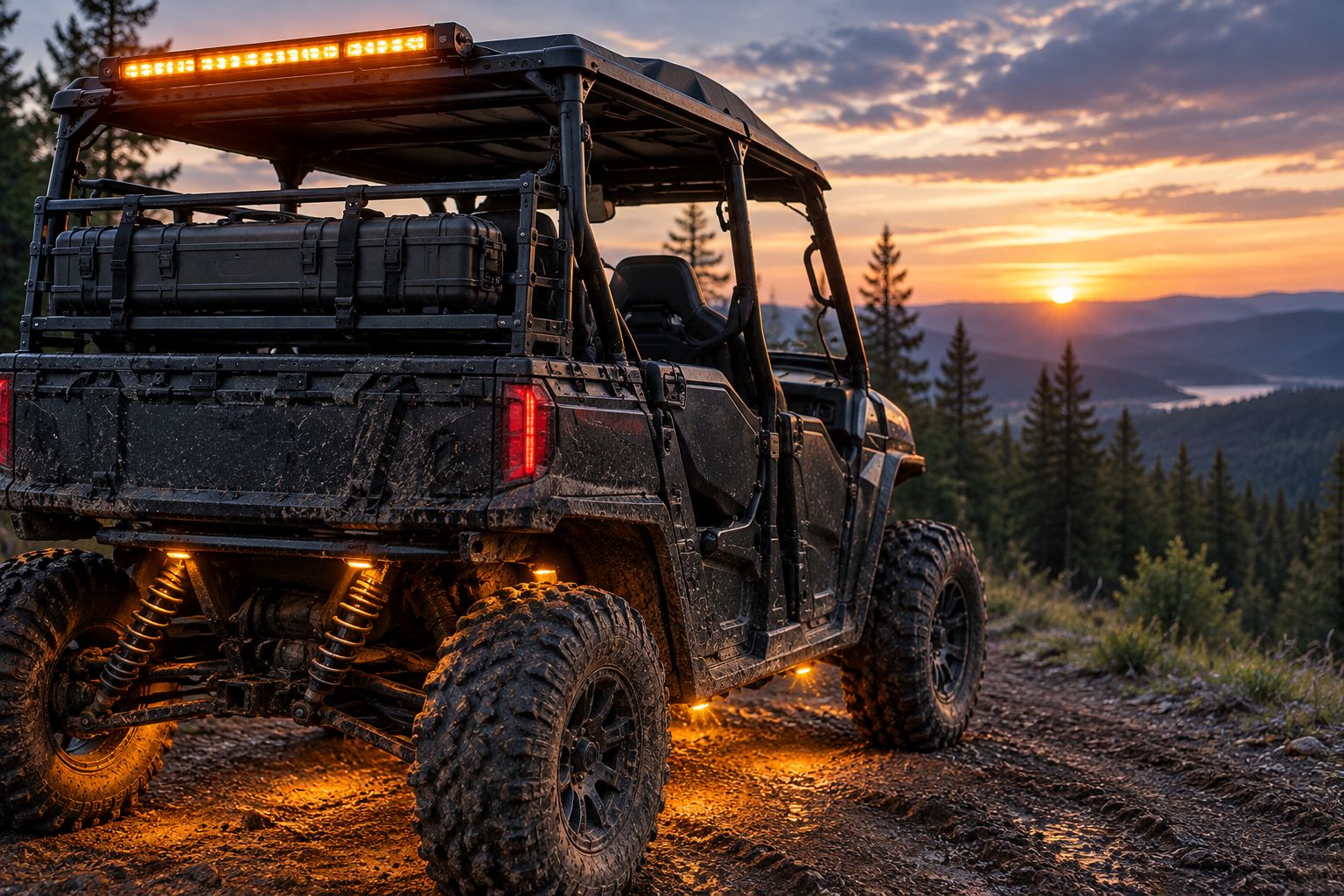 UTV at dusk with cage lighting and a mounted rifle case for emergency response work