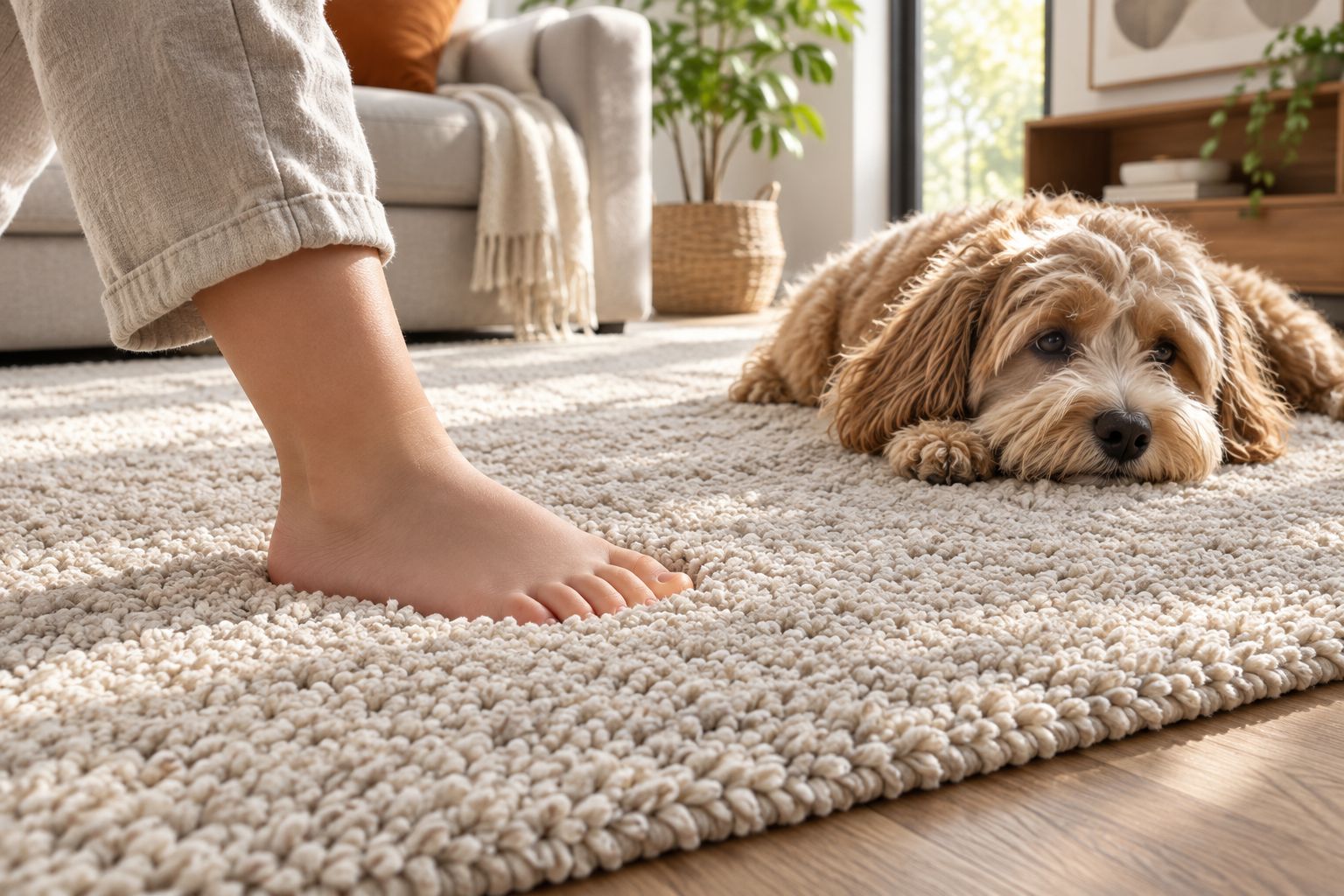 Close-up of a twisted frieze rug pile in a family room with a dog resting on it