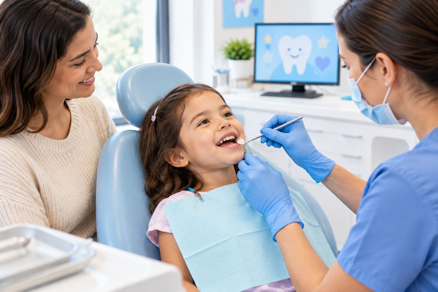 Young child receiving a calm dental examination with a parent nearby