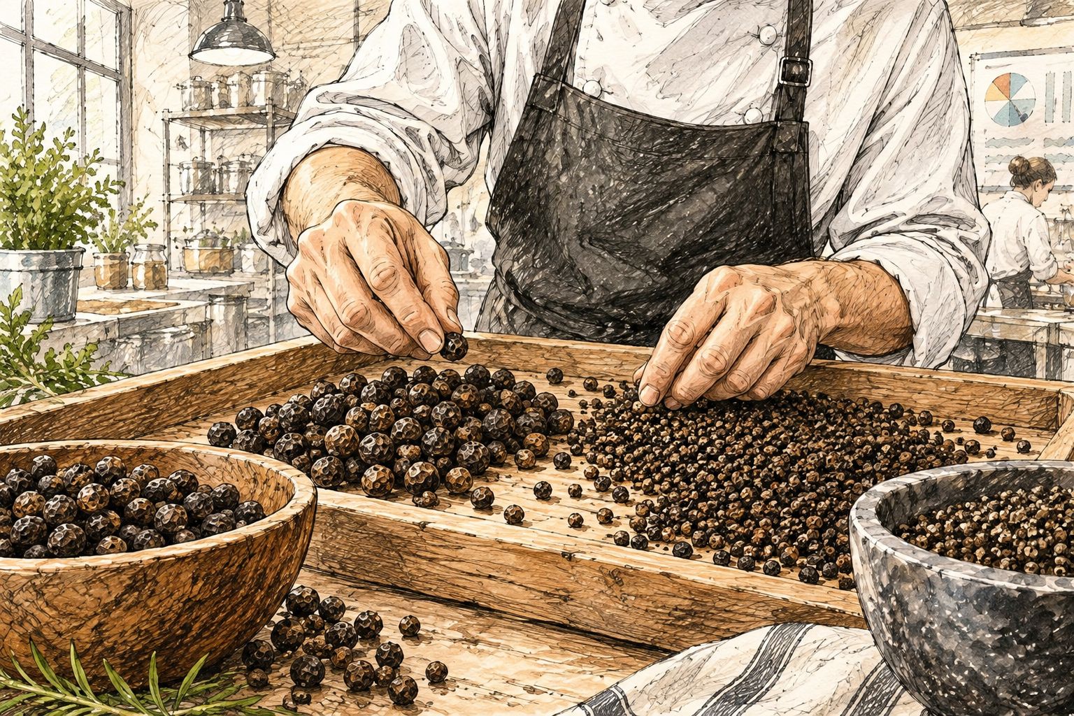 Dried black peppercorns being hand-sorted by size on a wooden tray