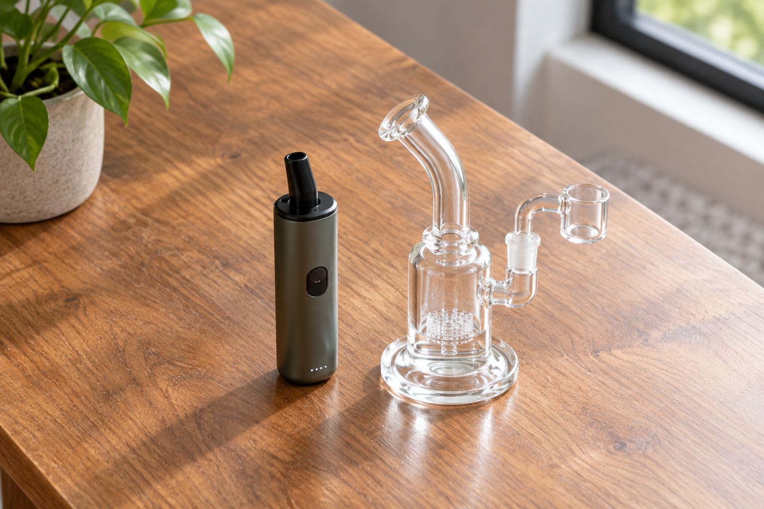Compact concentrate vaporizer beside a small glass dab rig