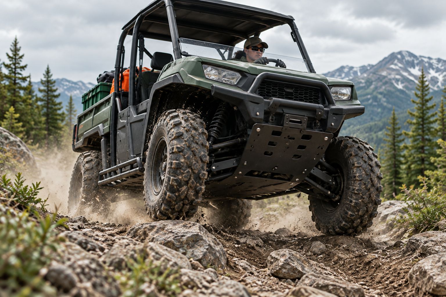 UTV underbody skid plates and rock sliders crossing a rocky trail