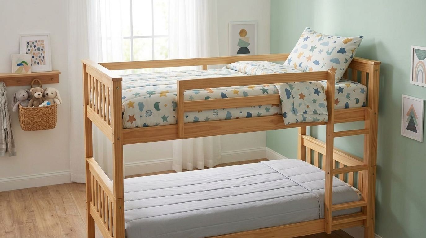 Child's bunk bed made with a thin microfiber quilt
