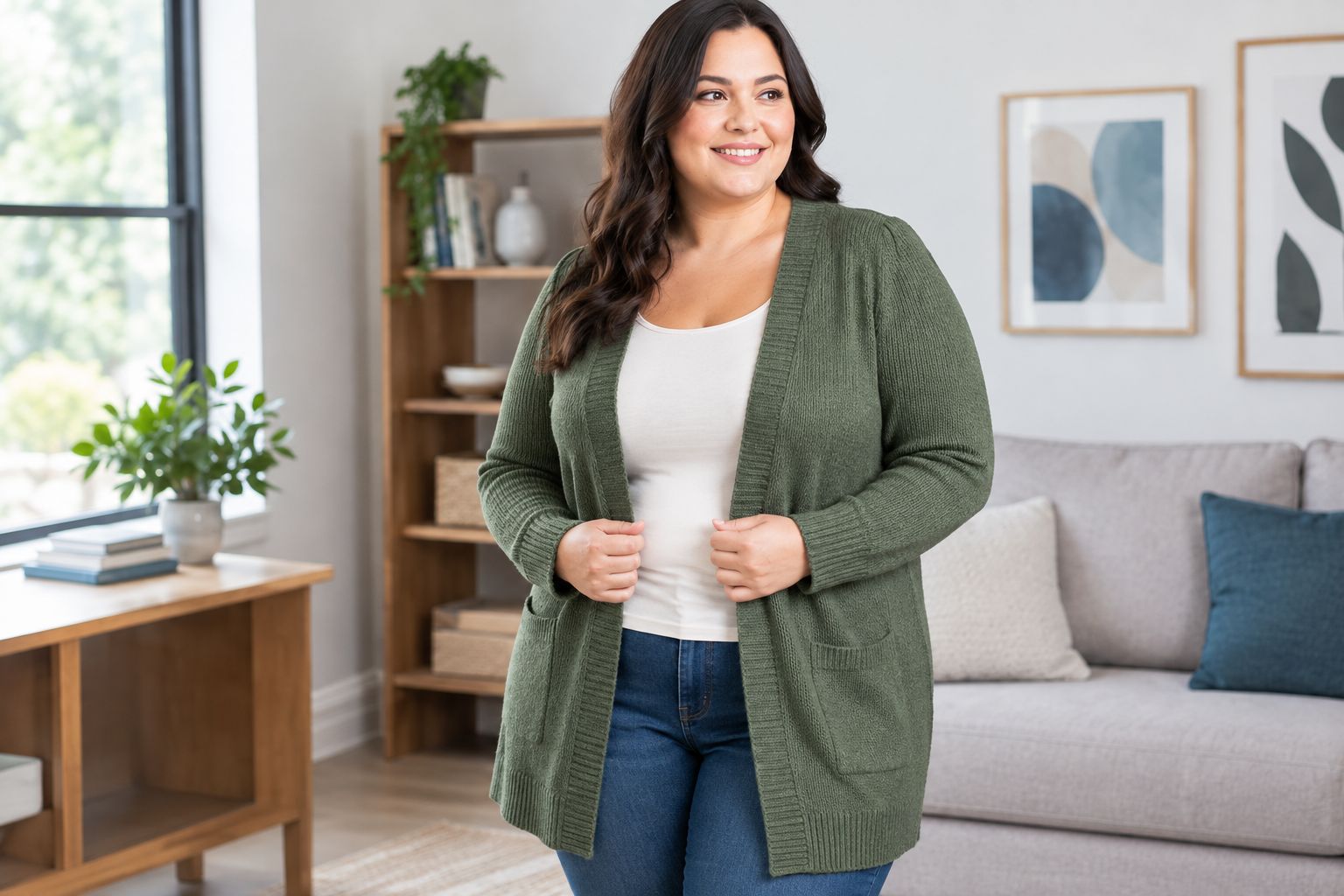 Plus size woman wearing a long sleeve cardigan that covers the upper arms