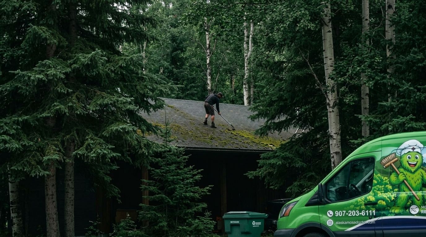 Roof moss removal for spruce and birch-shaded properties