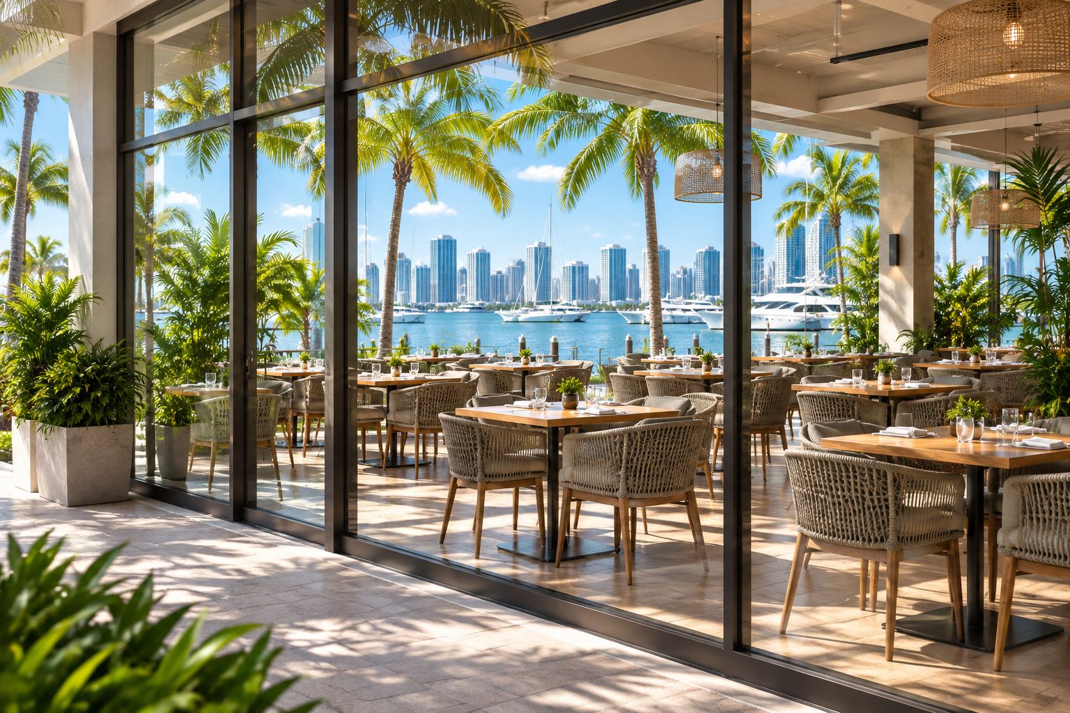 Ground-floor restaurant space with waterfront view in a Miami building