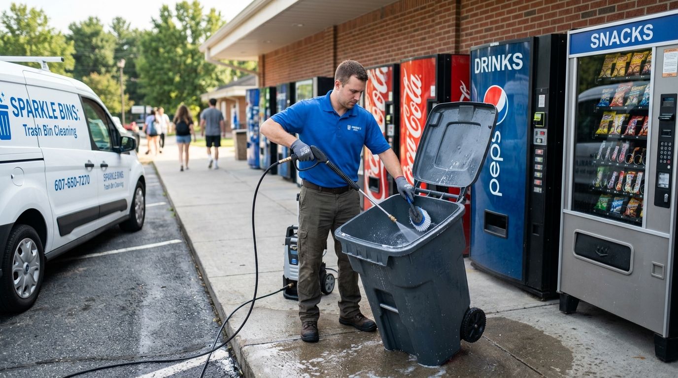 Trash bin cleaning for vending machine route operators