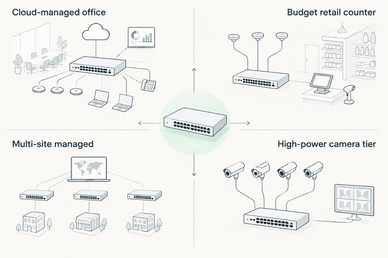 2x2 matrix comparing four categories of 24-port PoE switches