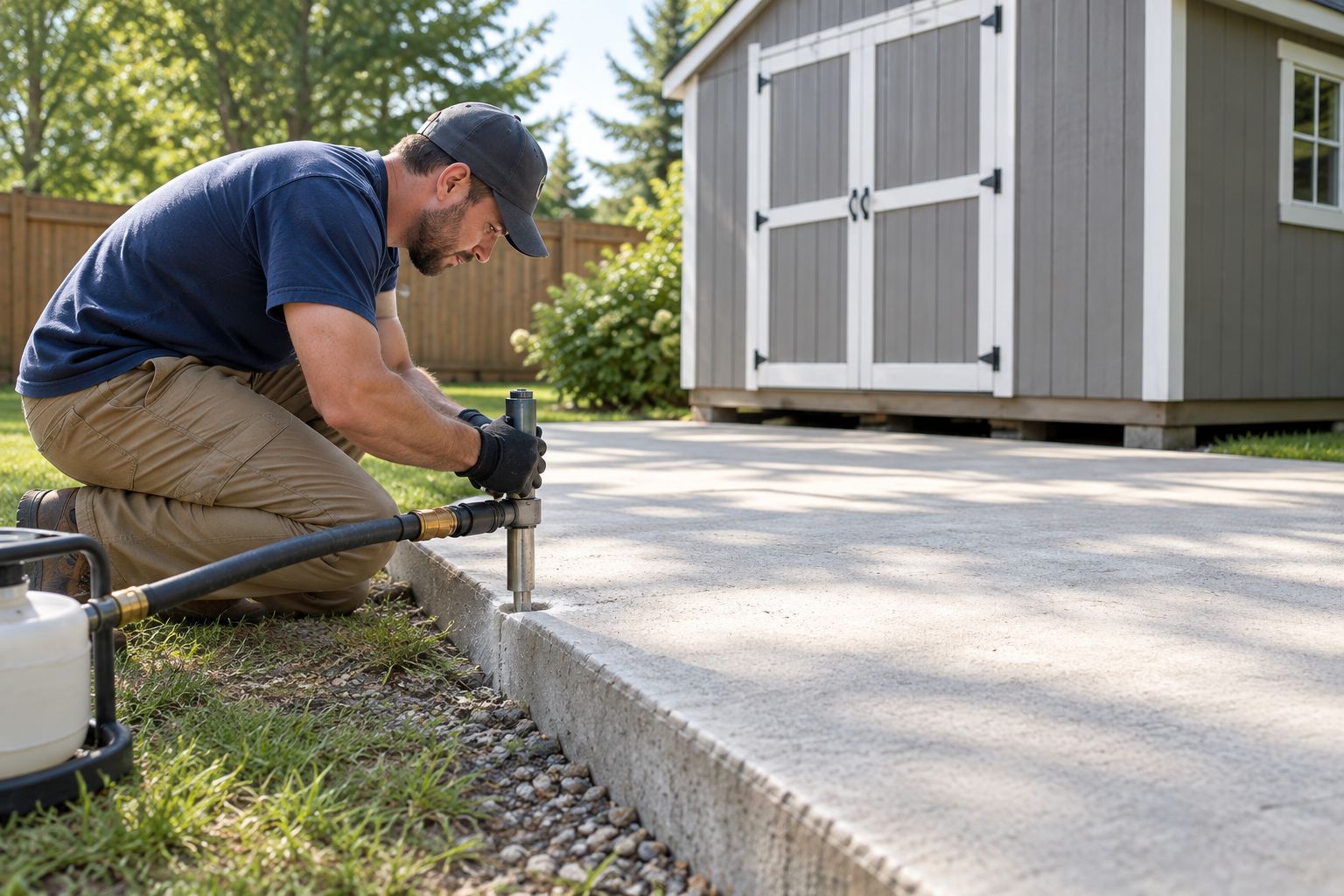 Contractor injecting polyurethane foam under a backyard shed concrete pad