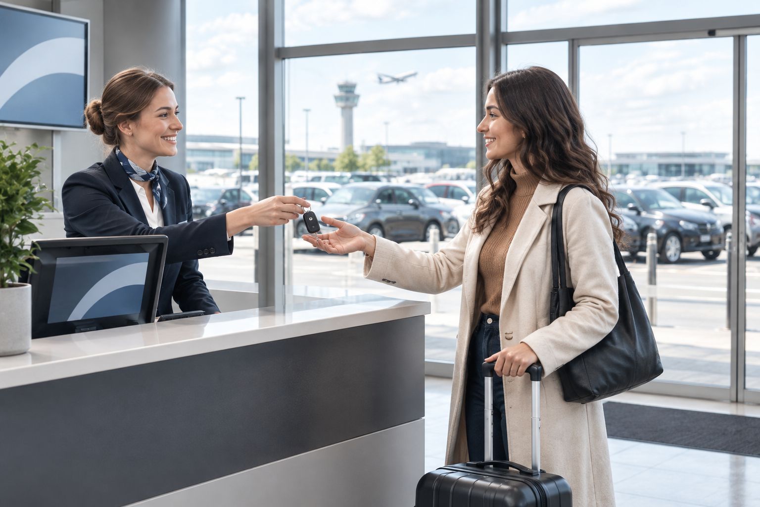 Rental counter handover of a car key to a new arrival in the Netherlands