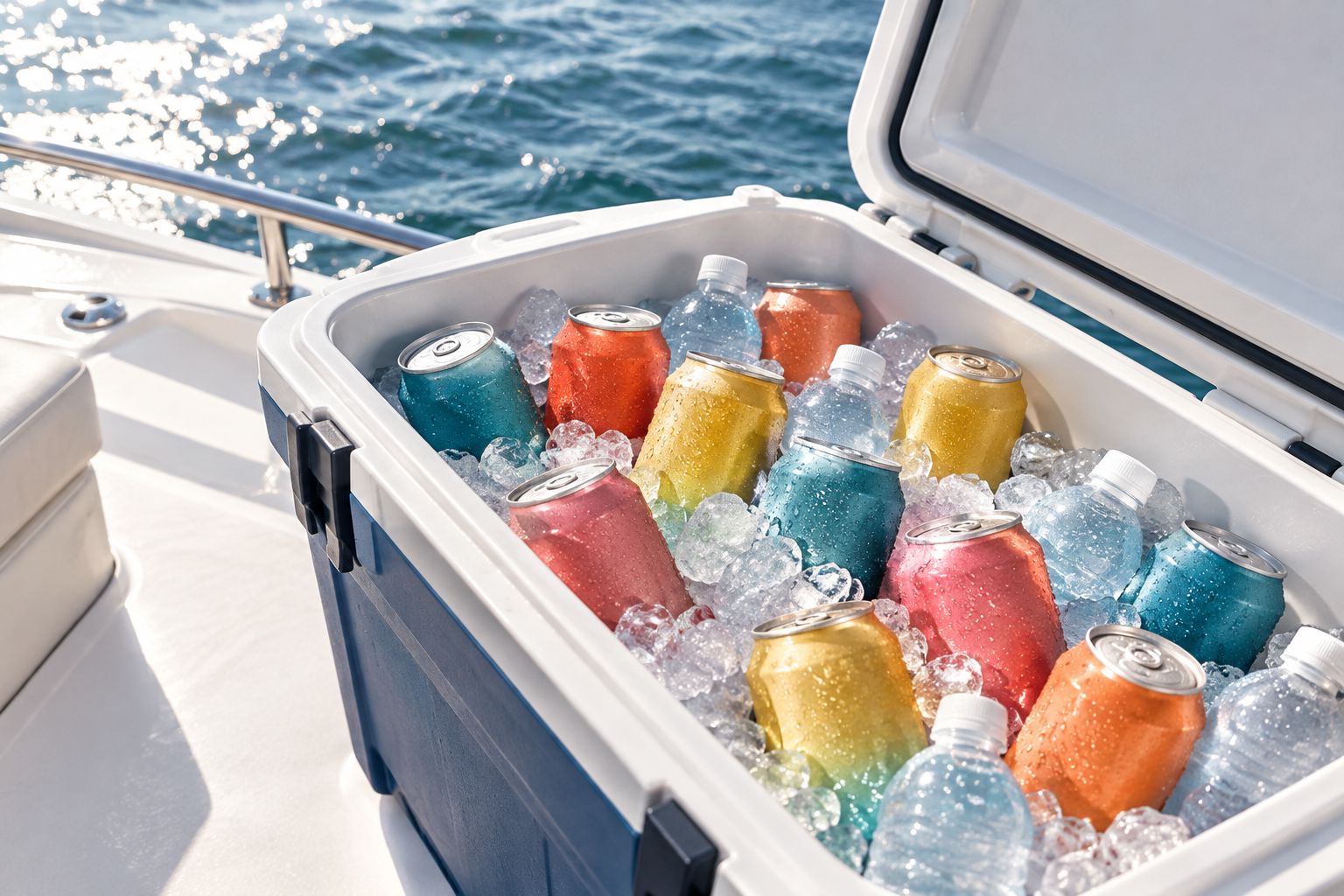 Boat cooler packed with canned cocktails, ice, and water