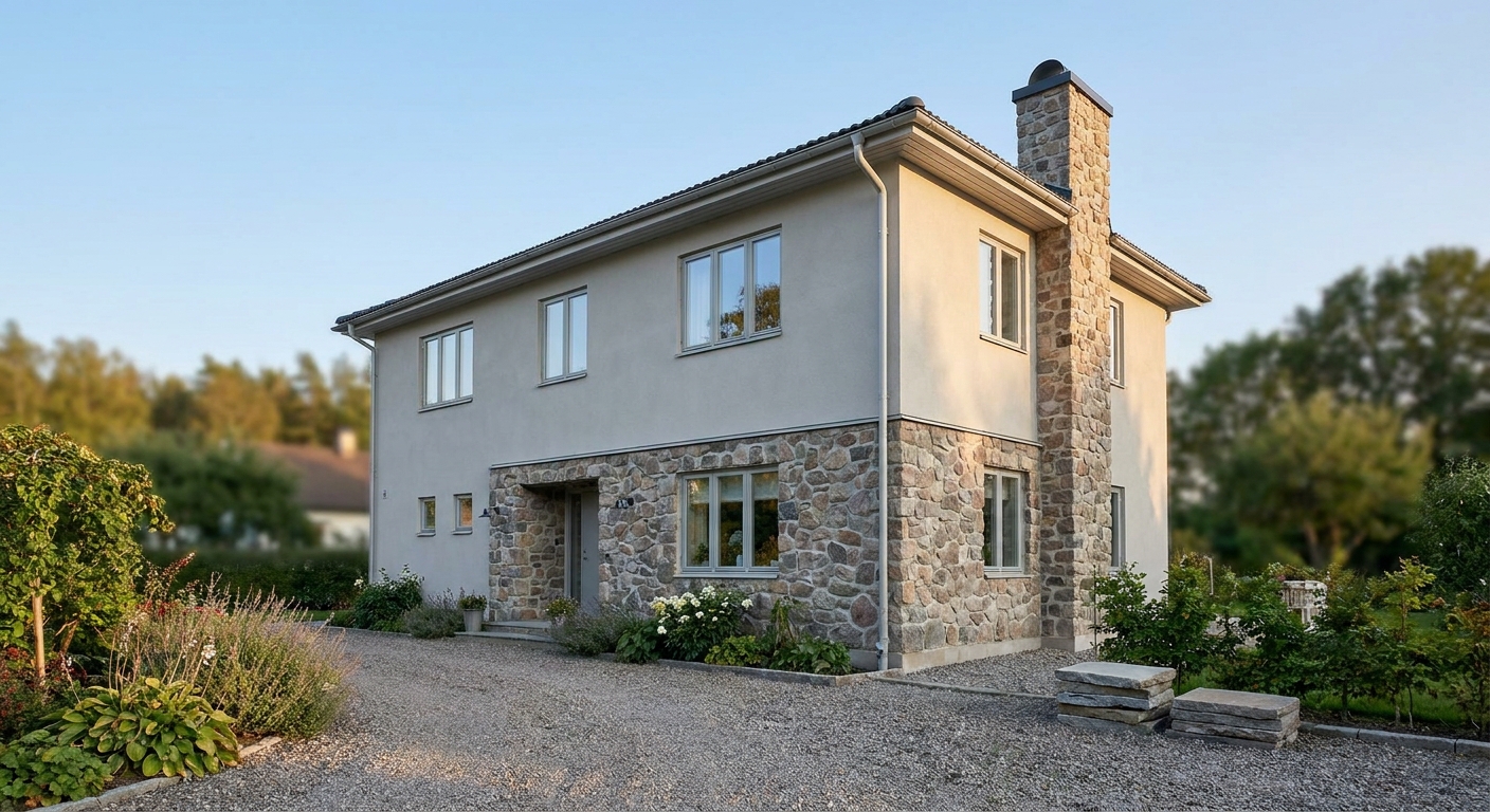 Facaderenovering af villa med puds og sten kombineret