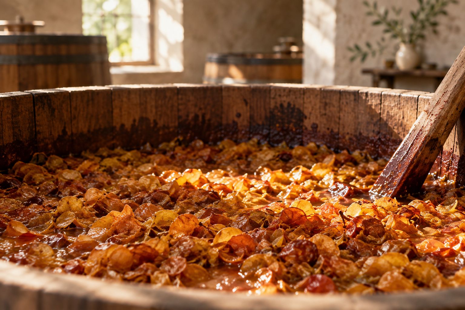 Grape skins macerating in an open fermentation vat during orange wine production