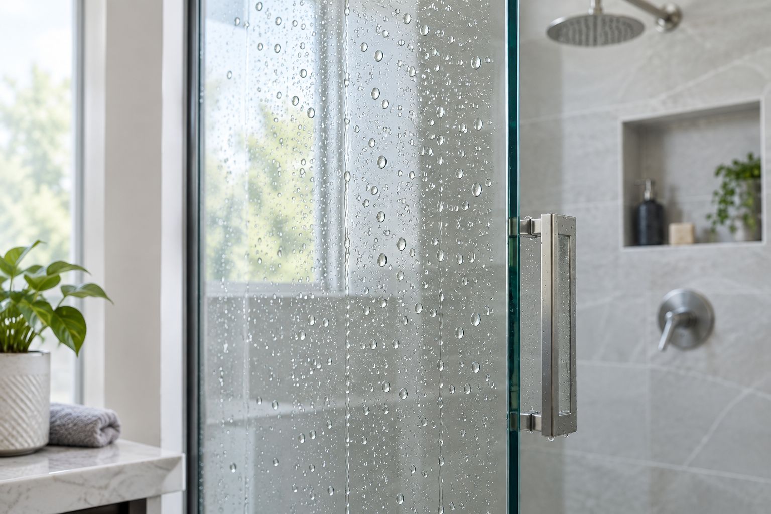 Water beading off a coated glass shower door surface