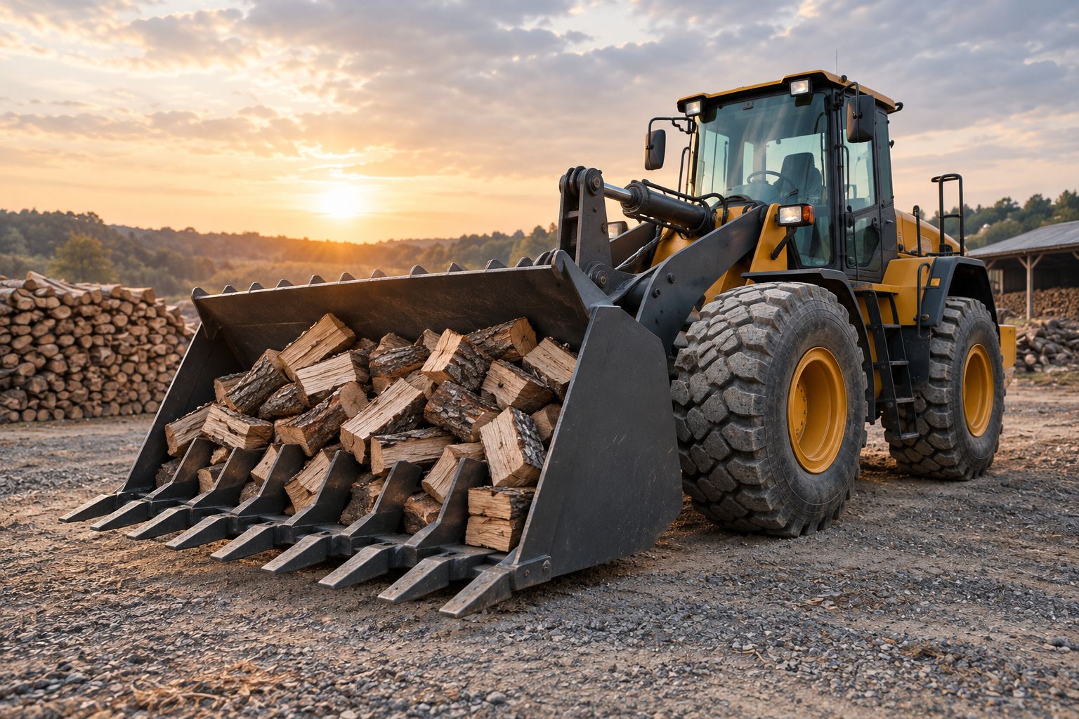 Tractor loader with a tined bucket holding split firewood