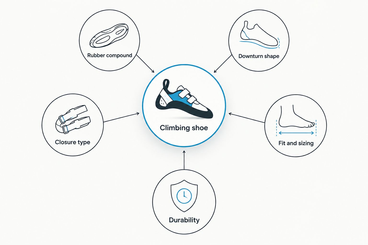 Diagram showing five criteria that decide the best climbing shoe