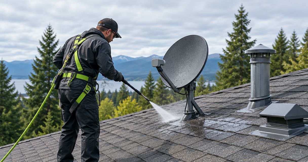 How to clean around satellite dishes and vents during a roof wash