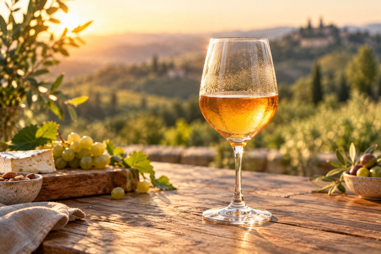 Glass of amber orange wine on a wooden table at golden hour