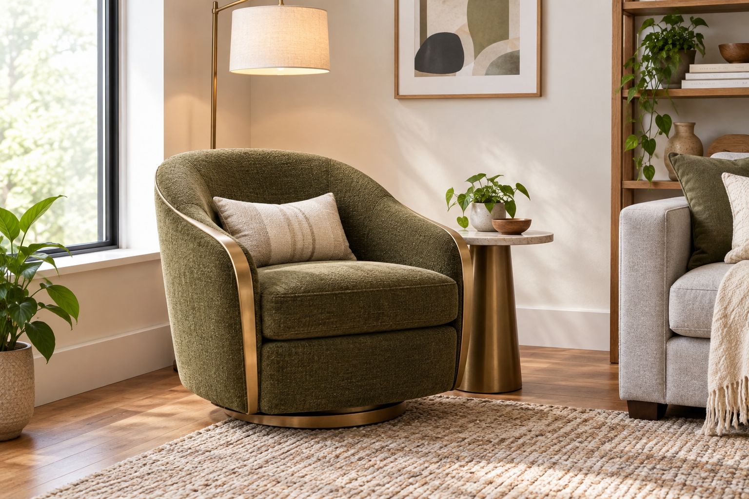 A statement accent chair styled into the corner of a small living room reading nook