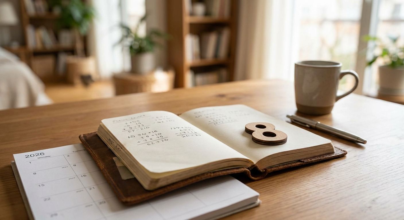 An open notebook with calculations and a wooden 8 above a 2026 calendar
