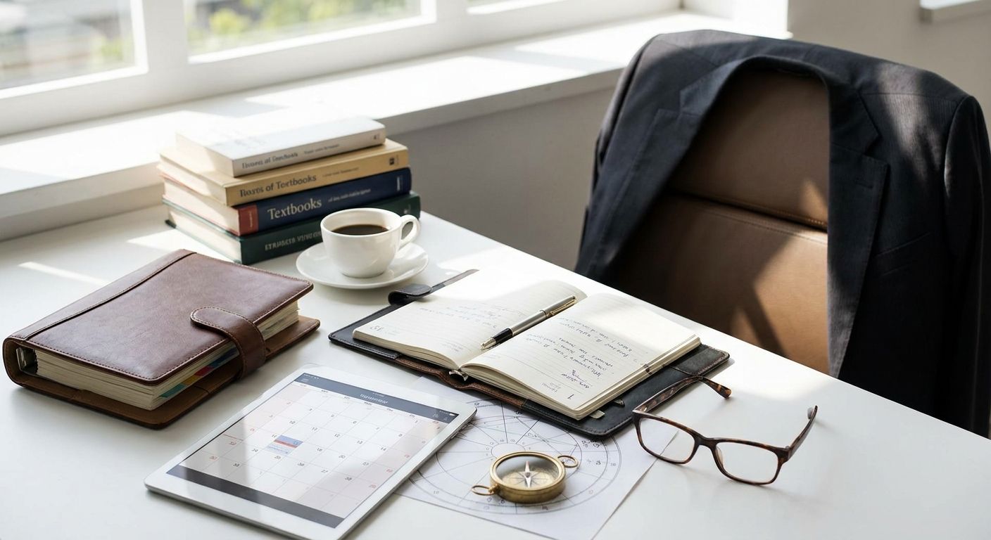 Study desk with planners, books, glasses and a printed astrology chart