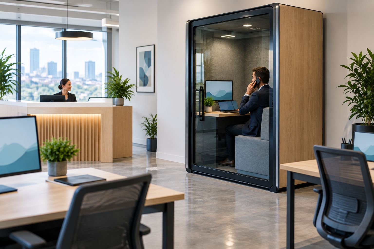 Soundproof booth placed near reception in an open-plan broker office