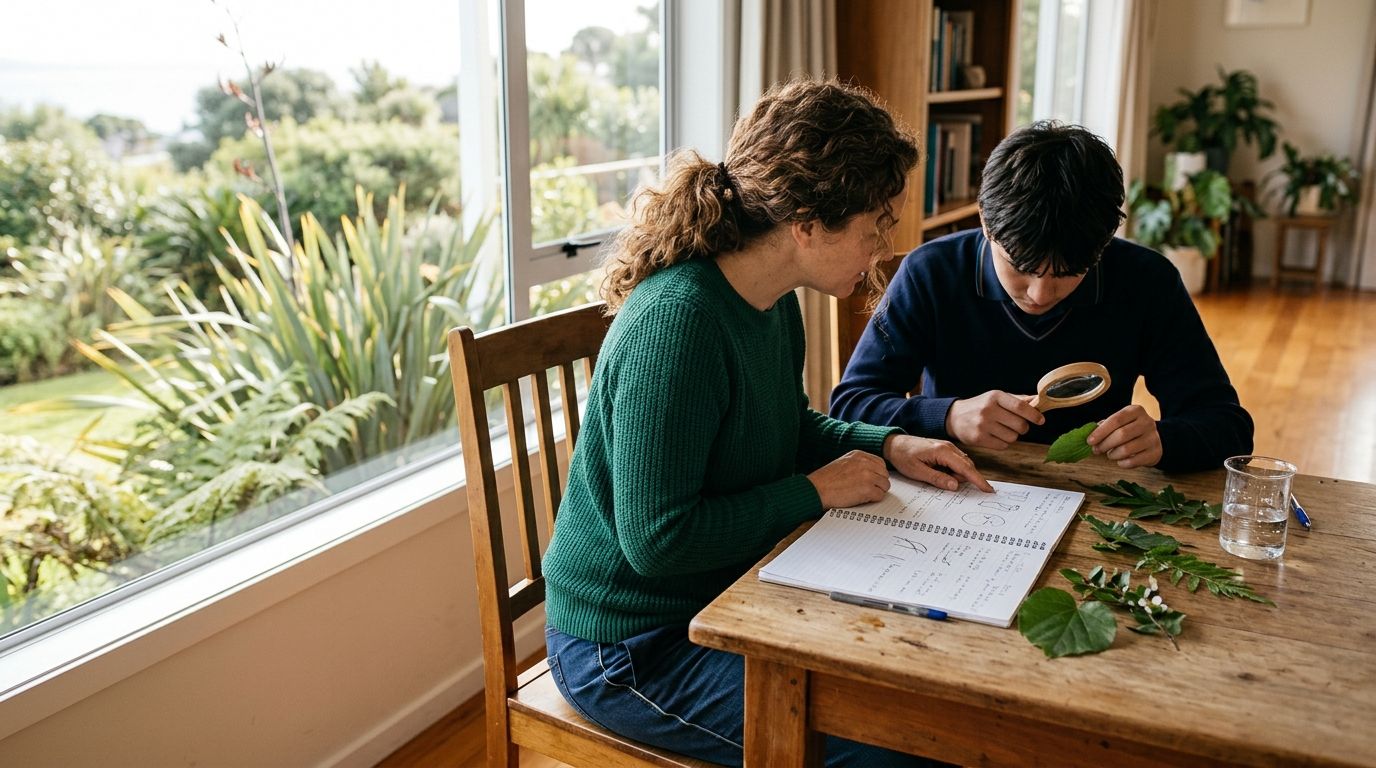 Kiwi parent and student exploring the New Zealand science curriculum at home