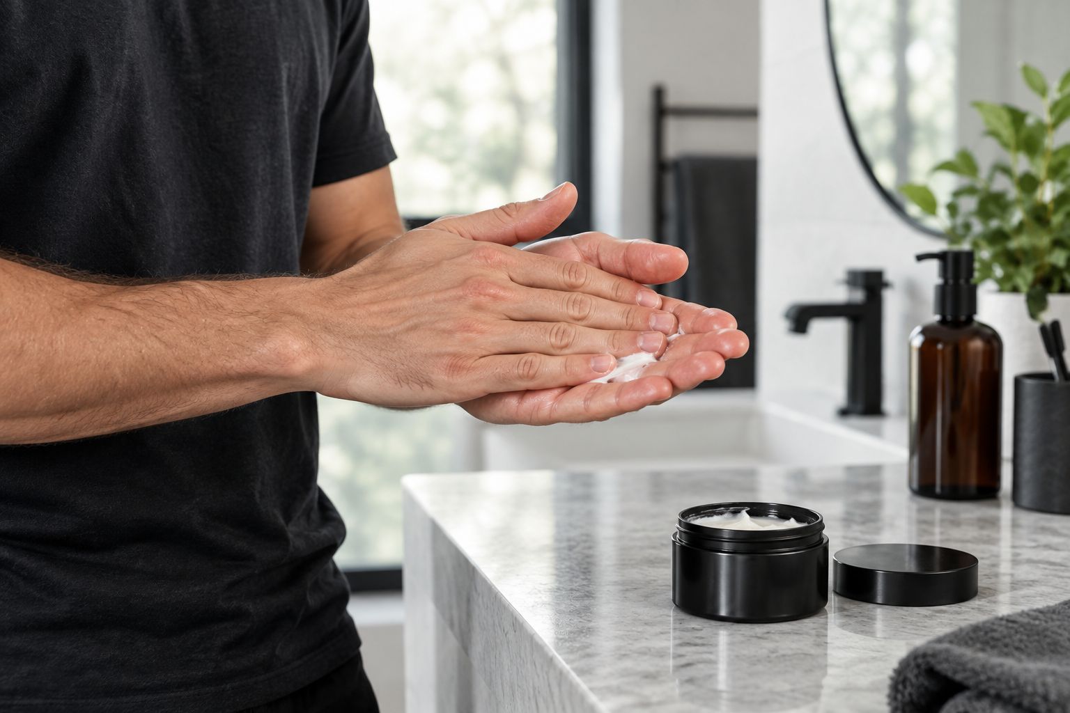 Hands warming styling cream before applying to hair