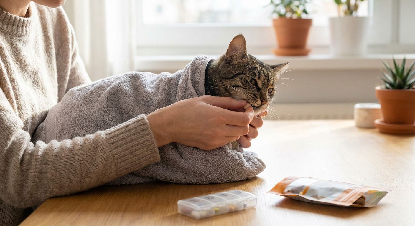 How to give a cat medication alone using a restraint wrap