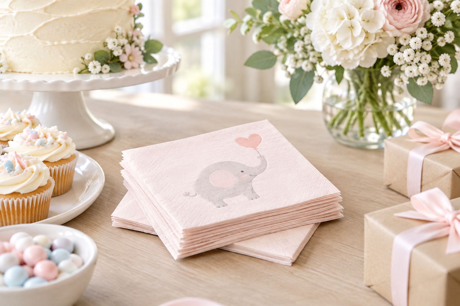 Folded custom napkins on a baby shower dessert table