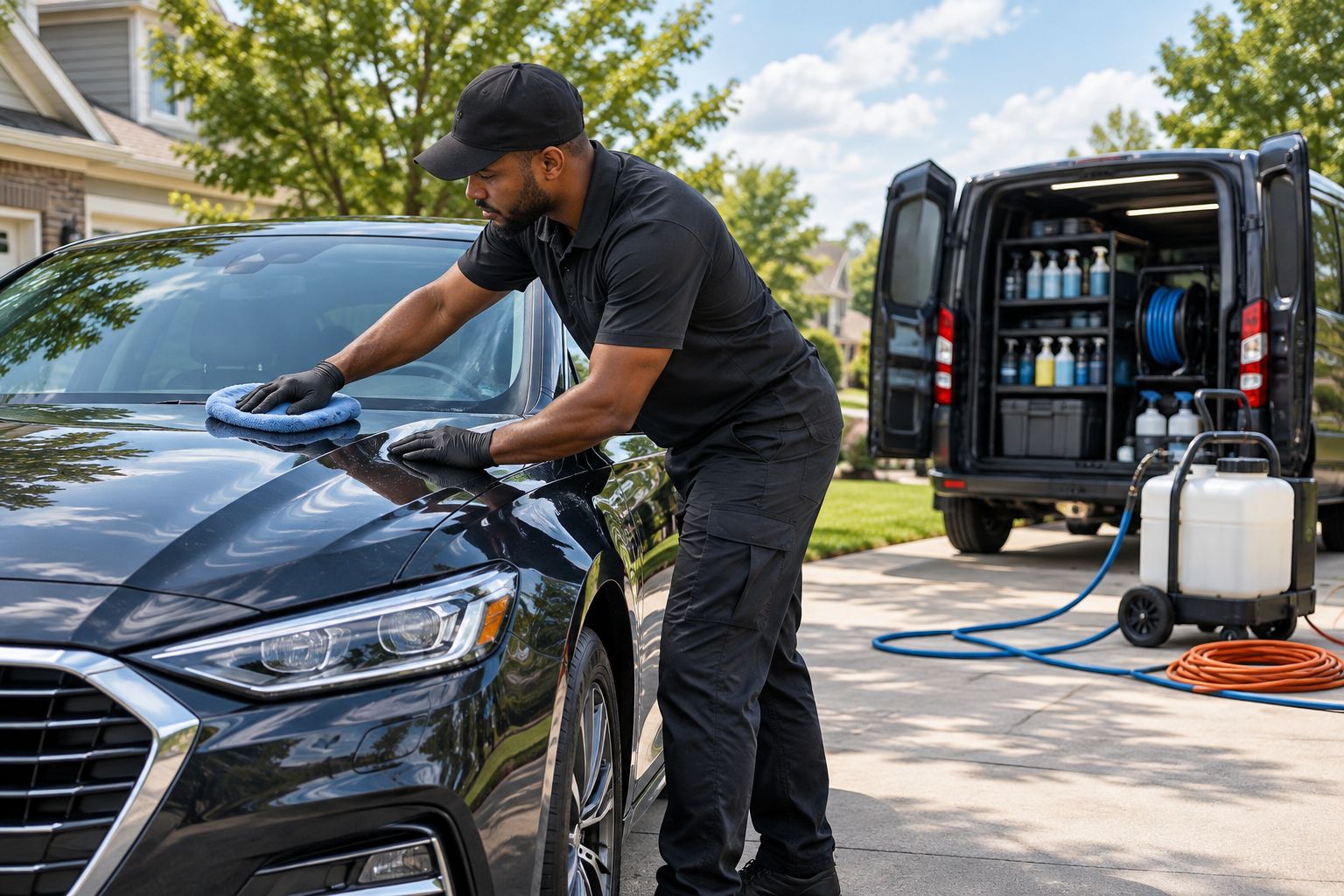 Mobile detailing technician working on a car in a driveway