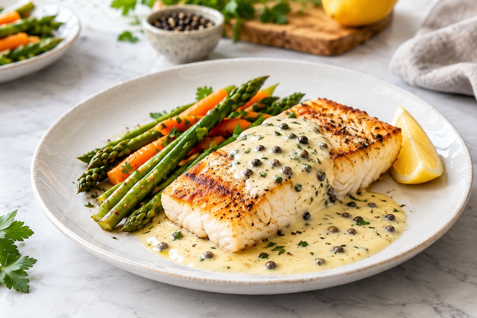 Fish fillet plated with peppercorn beurre blanc and visible cracked pepper flecks