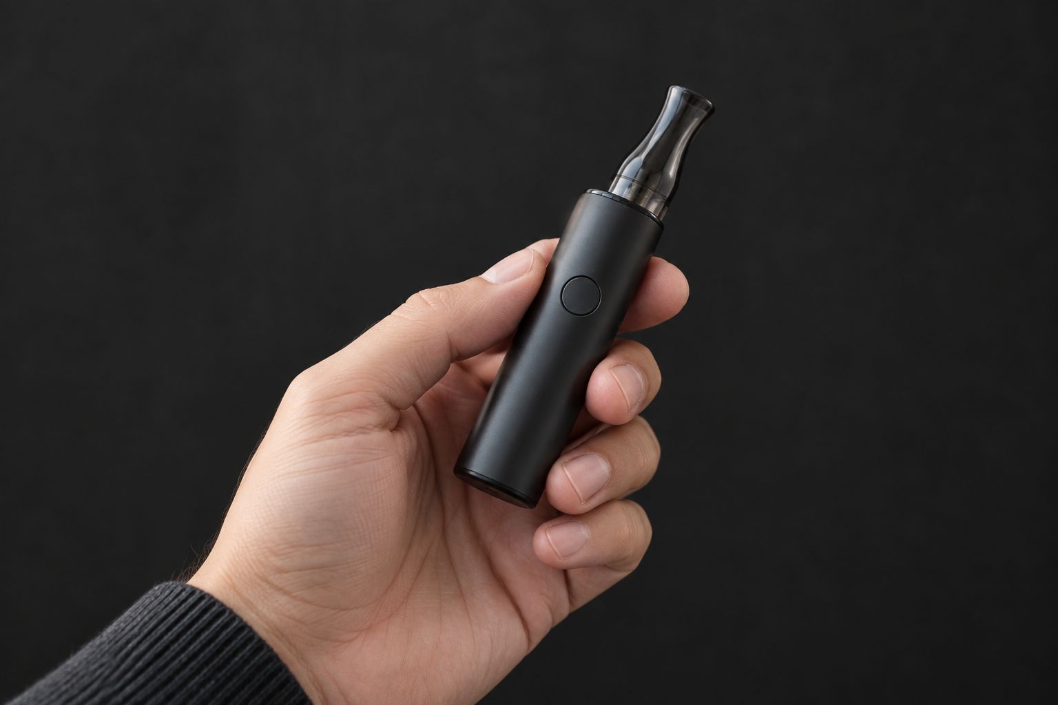 Hand holding a pipe-shaped vape battery vessel
