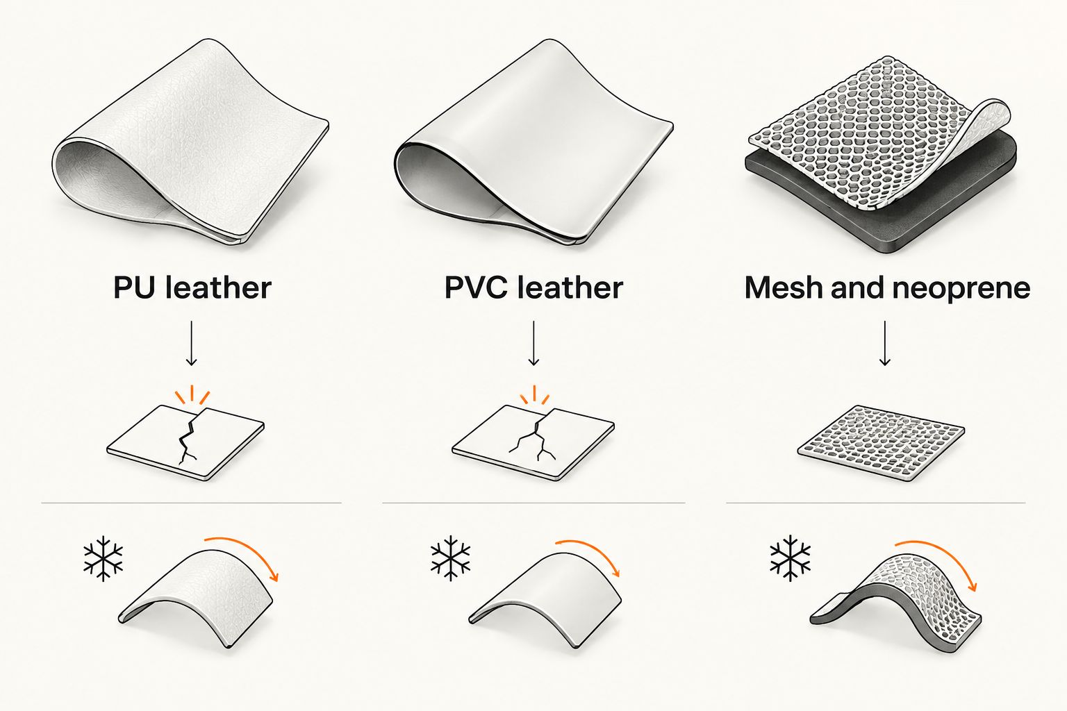 Comparison diagram of PU, PVC and mesh vegan leather crack risk and cold flexibility