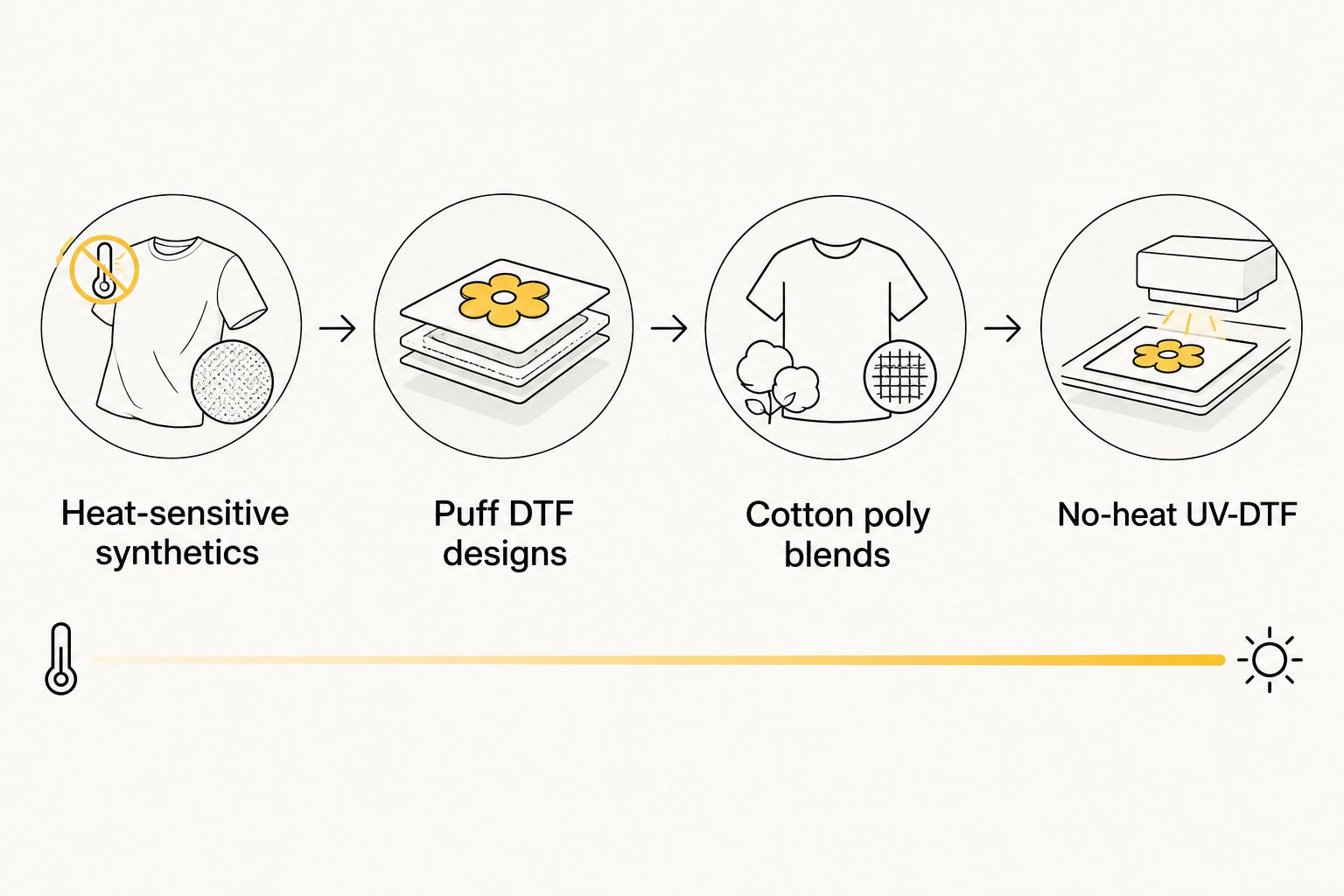 Diagram showing DTF transfer curing temperature spectrum from low to no-heat options