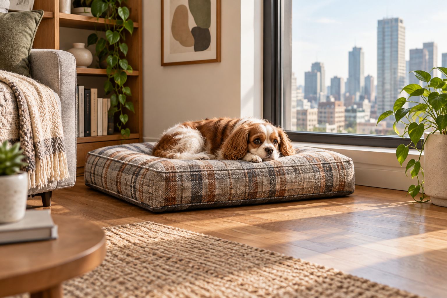 Low-profile dog cushion bed fitted into a tight studio apartment corner