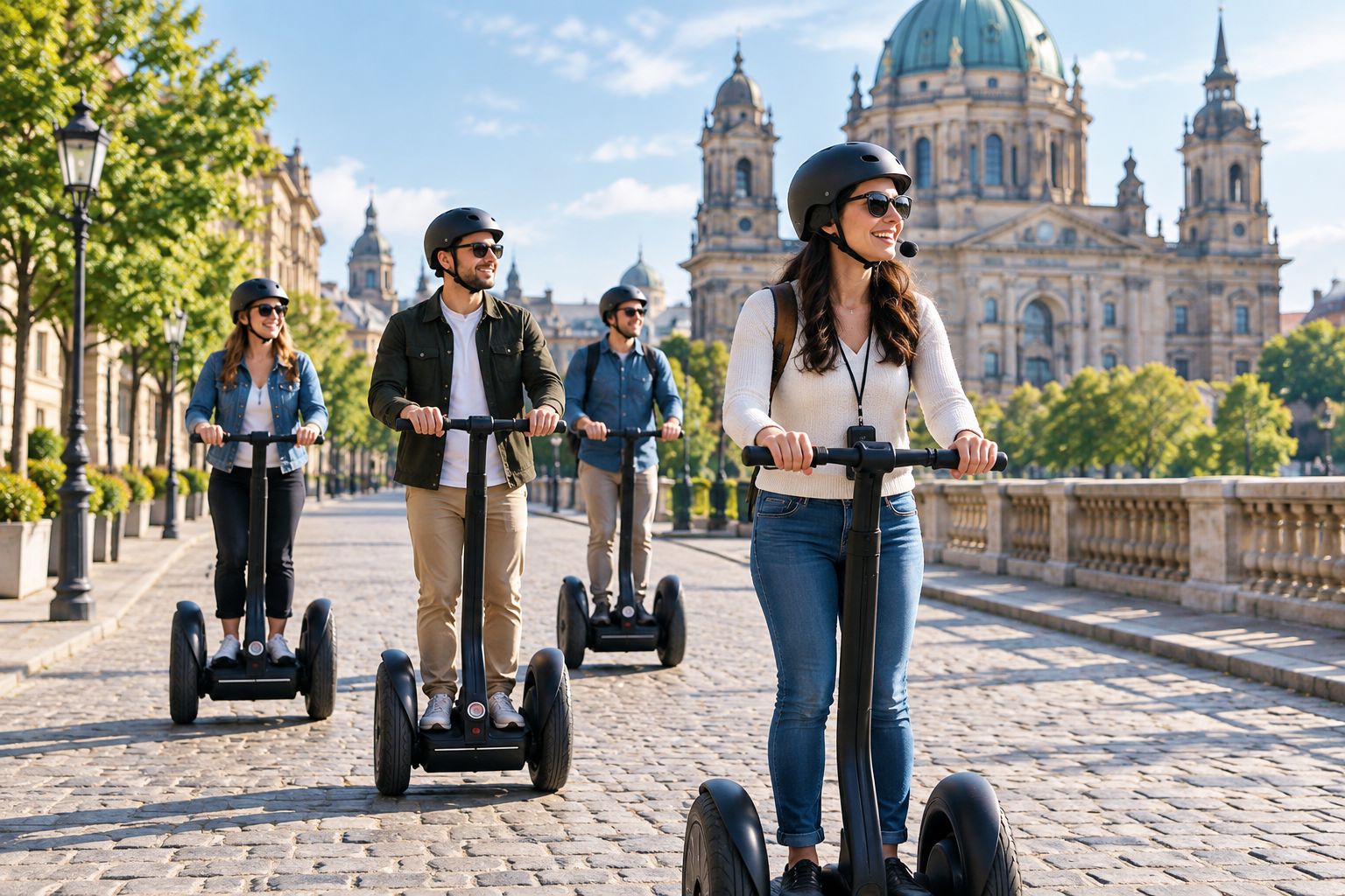 Tourists riding Segway-style transporters past a city landmark on a guided tour