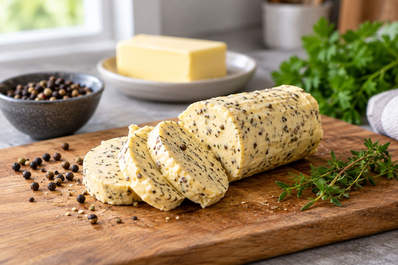 Sliced peppercorn compound butter log on a wooden cutting board