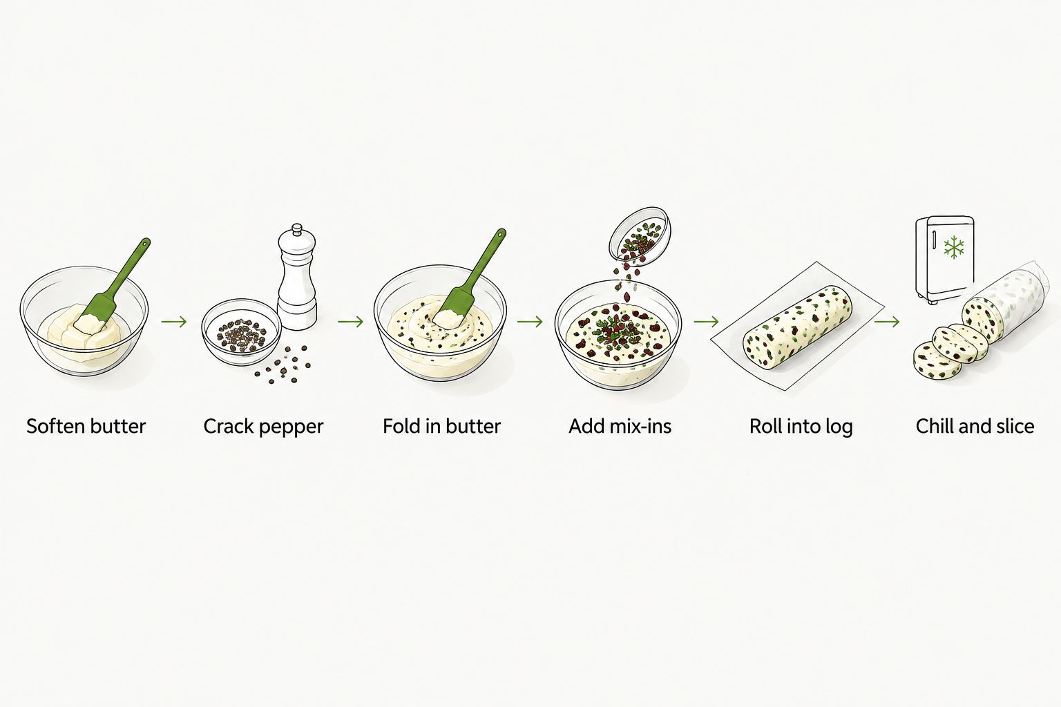 Six steps for making peppercorn compound butter from softening to slicing
