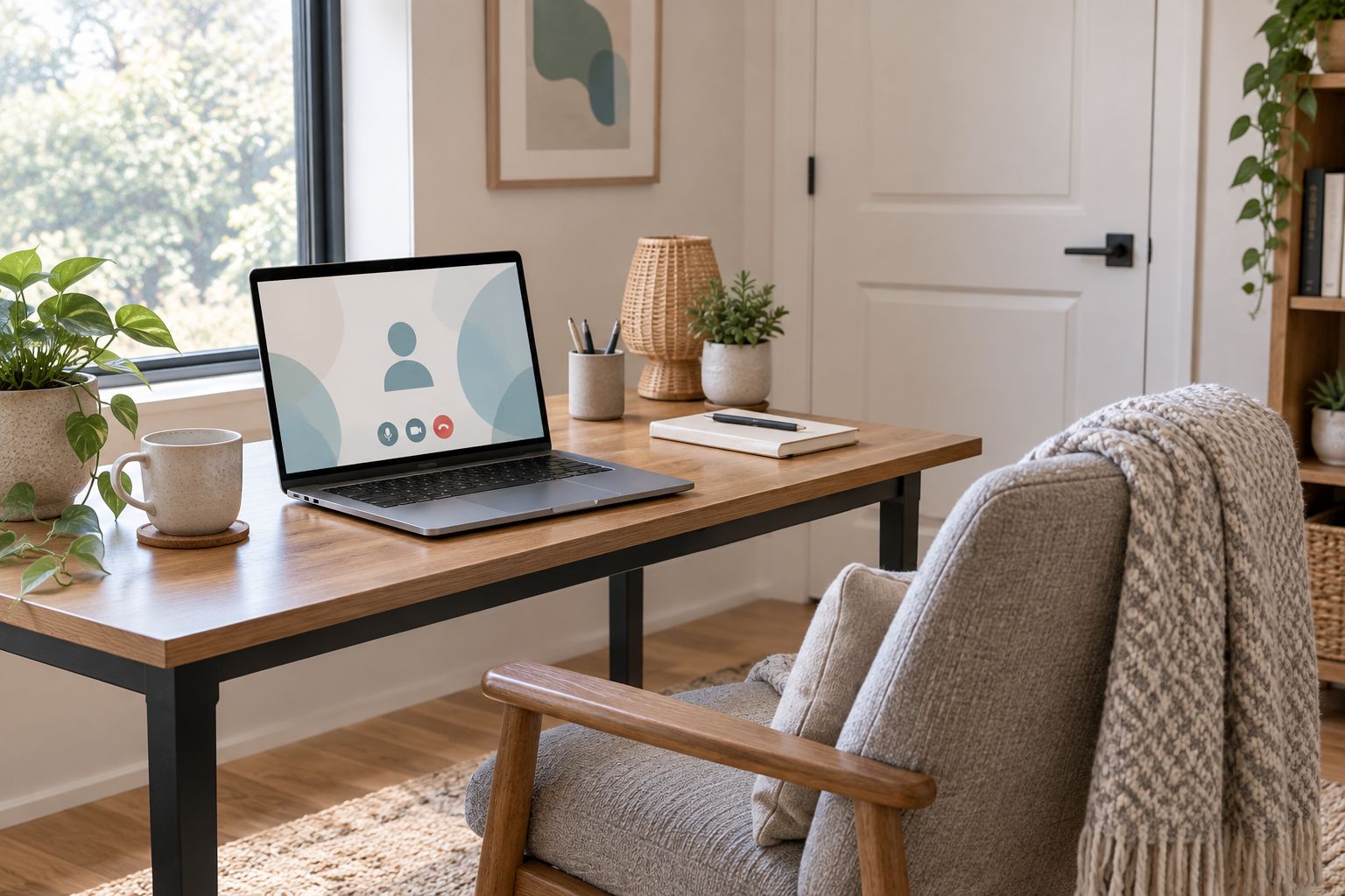 Quiet home office space set up for a telehealth video session