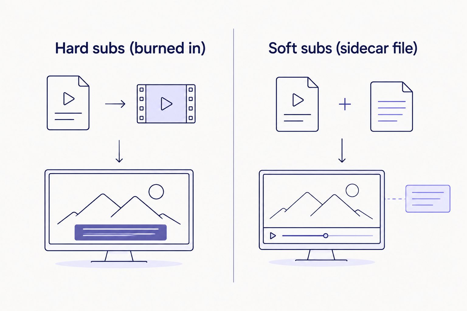Two-column comparison of hard subtitles versus soft subtitles