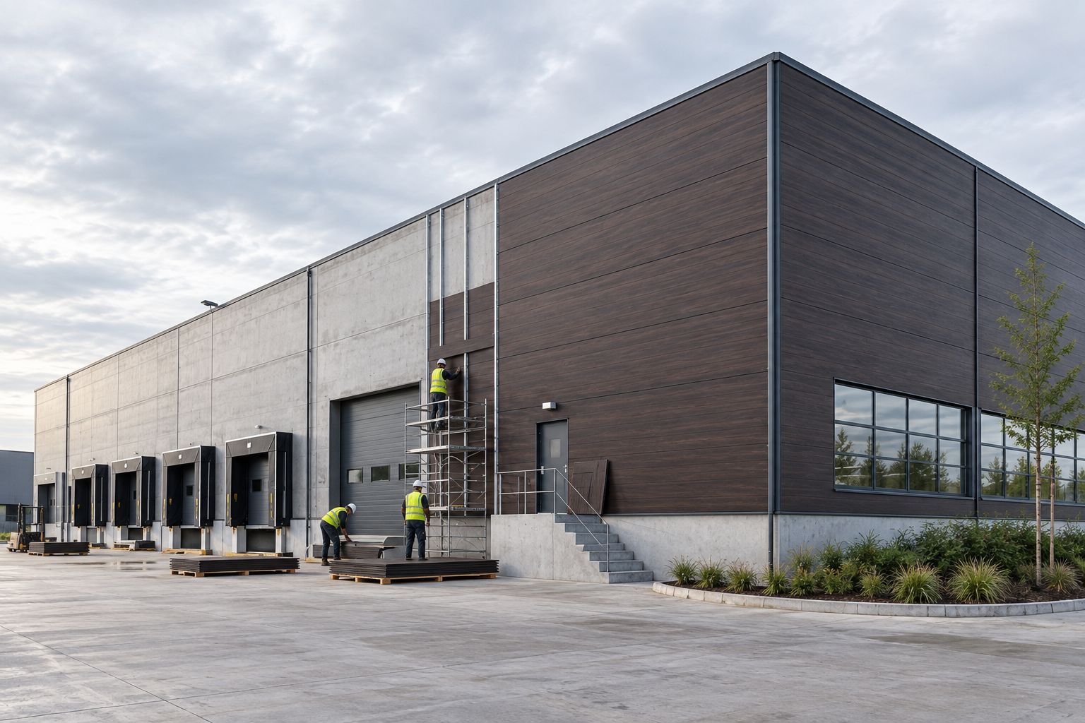 Industriehalle mit teilweise montierter Holzoptik-Fassadenverkleidung neben Sichtbeton